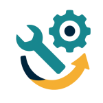 A spanner and cog with a bending arrow upwards underneath to help illustrate "Fix What's Stuck"